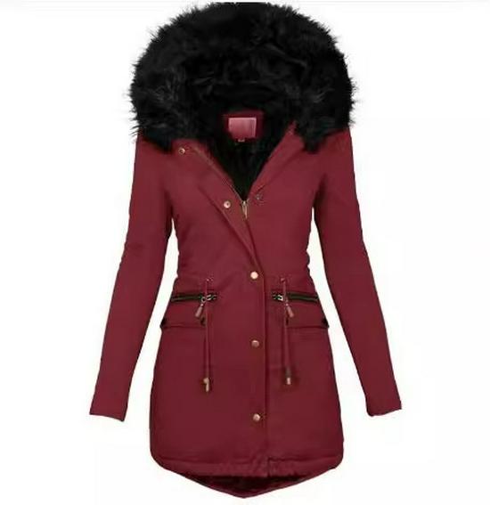 

Women s Mid-Length Hooded Cotton Jacket - Slim Fit with Fur Collar and Zipper, European and American Style. M вино красного