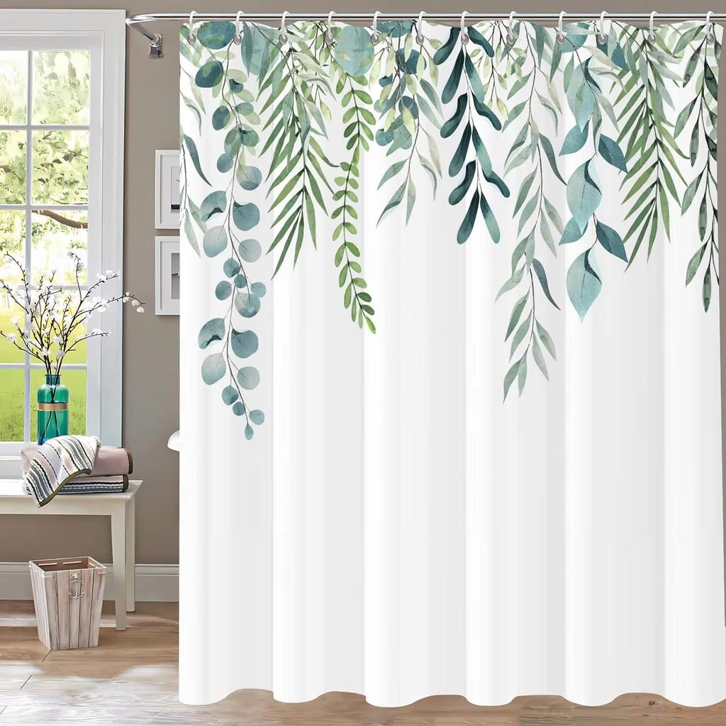 Simple Leaf Pattern Shower Curtain, Bathroom Decorative Leaves Shower Curtains, Home Printed Polyester Fabric Curtain with Hooks