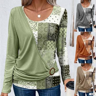 Spring and Autumn Women's Blouse Printed Solid Color Splicing Casual Long Sleeve T-Shirt
