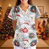 Women's Christmas Print V-Neck Short Sleeve Uniform with Pockets Loose Fit