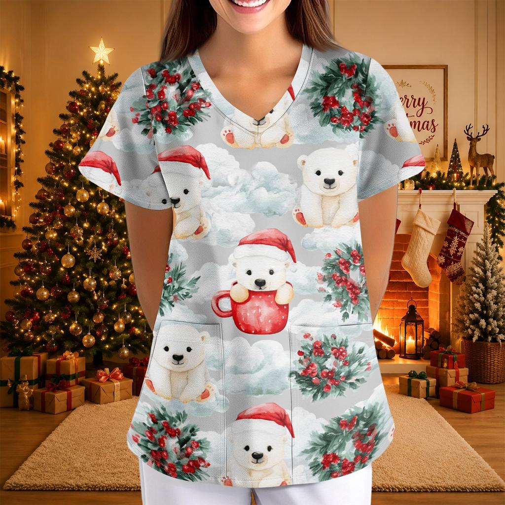 Women's Christmas Print V-Neck Short Sleeve Uniform with Pockets Loose Fit