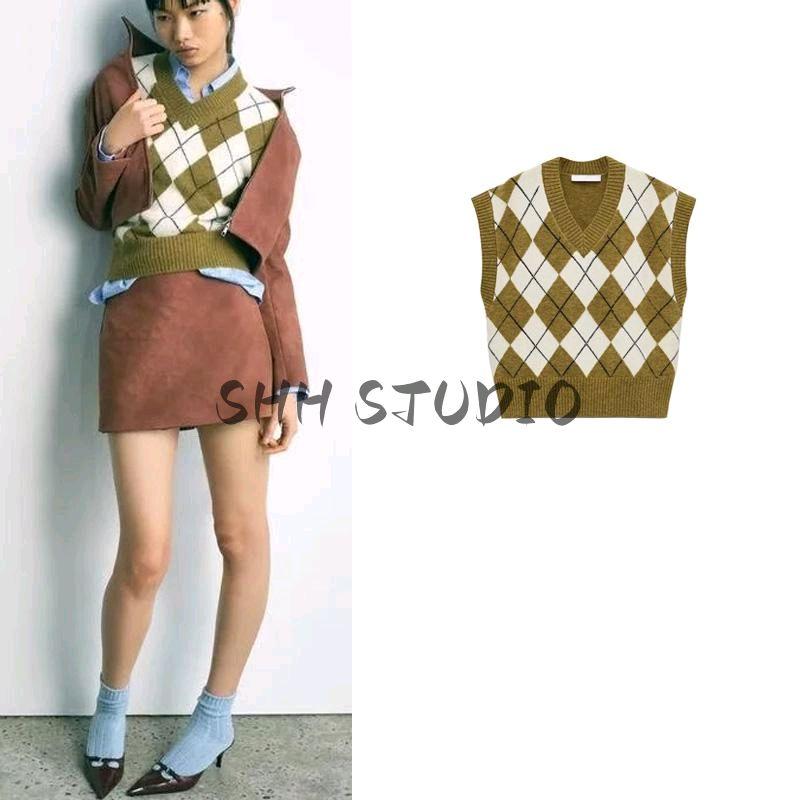 Spring New Women's Clothing Preppy Style Diamond Pattern Jacquard V-neck Sleeveless Vest Style Knitwear 5755008