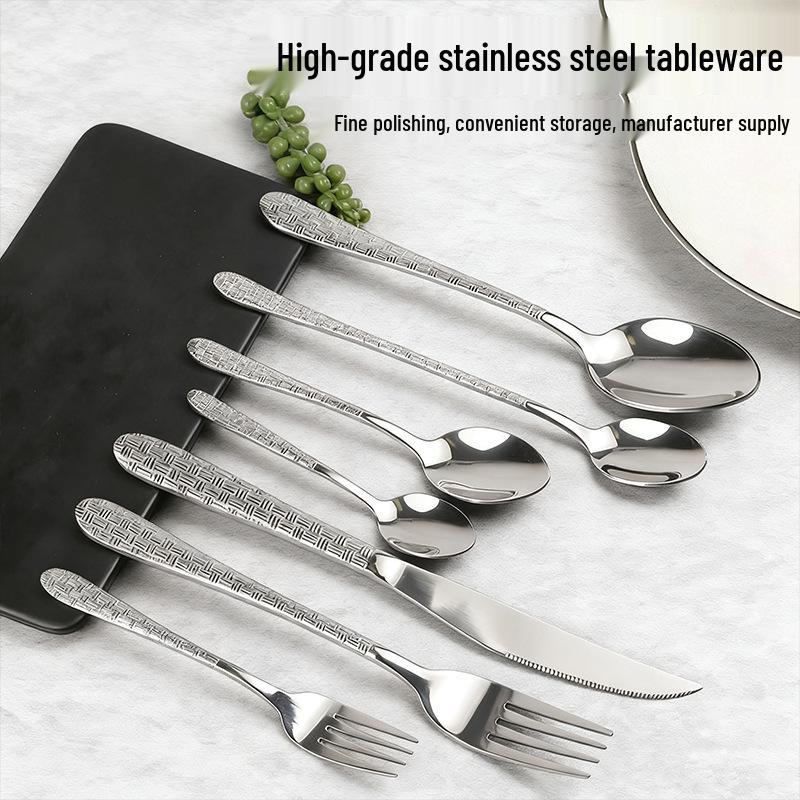 Creative Hammer Pattern Stainless Steel Cutlery Set: Dessert Spoon, Cake Fork, Steak Knife & Fork