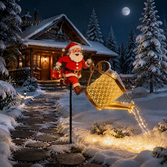 Auto On Off Patio Decorations Solar Powered Garden Lights, Santa Watering Can Stake Light Weatherproof Lawn Lamps for Outdoor Pathway Yard, Waterproof