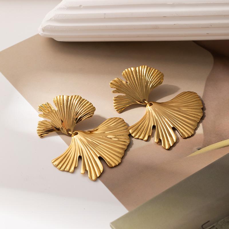 High-End Ginkgo Leaf Oval Earrings: Elegant Lotus Leaf Titanium Steel Stud for Women