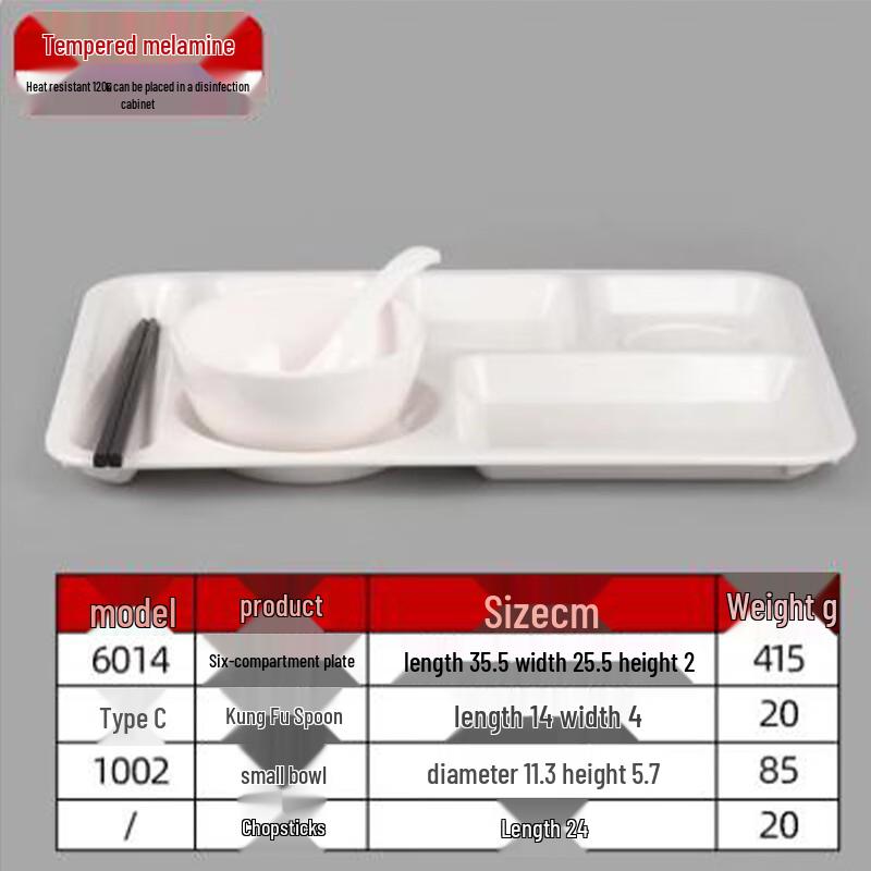 PHMI 6-Compartment Rectangular Melamine Dinner Plate Set (4-Pack, White)