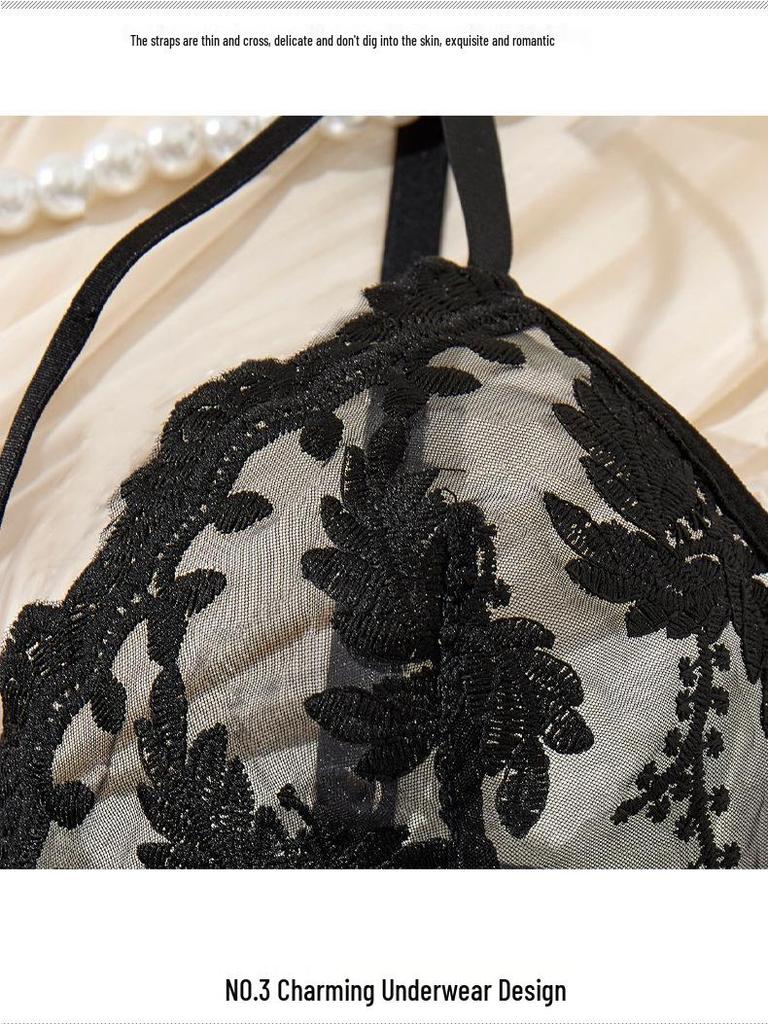 Multi-Color Bow Wheat Ear Embroidered Deep V See-Through Lingerie Set with T-Back