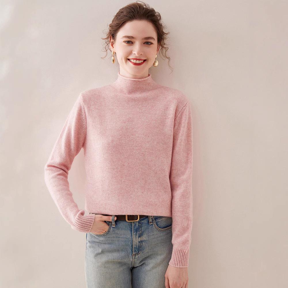 Autumn-Winter Women's Cashmere Sweater: Solid Color, Half High Roll Neck, Seven Stitches, Double Strand, Thickened Design