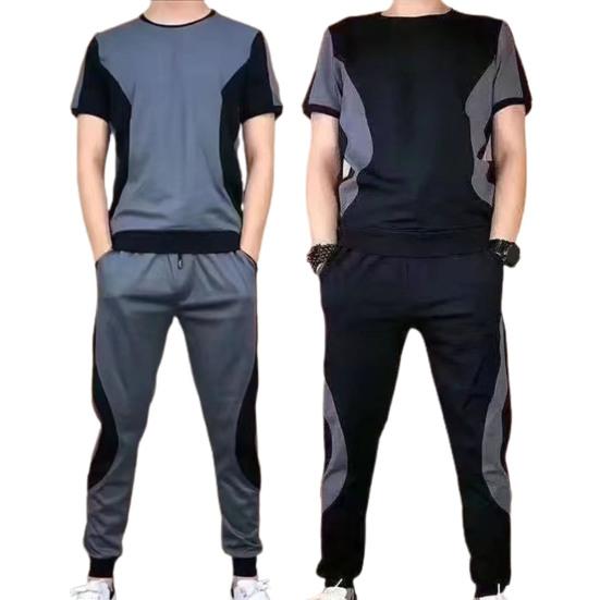 2Pcs/Set O-Neck Short Sleeve Casual Outfit Elastic Waistband Drawstring Pockets Men Patchwork Color T-shirt Jogging Pants Set Streetwear