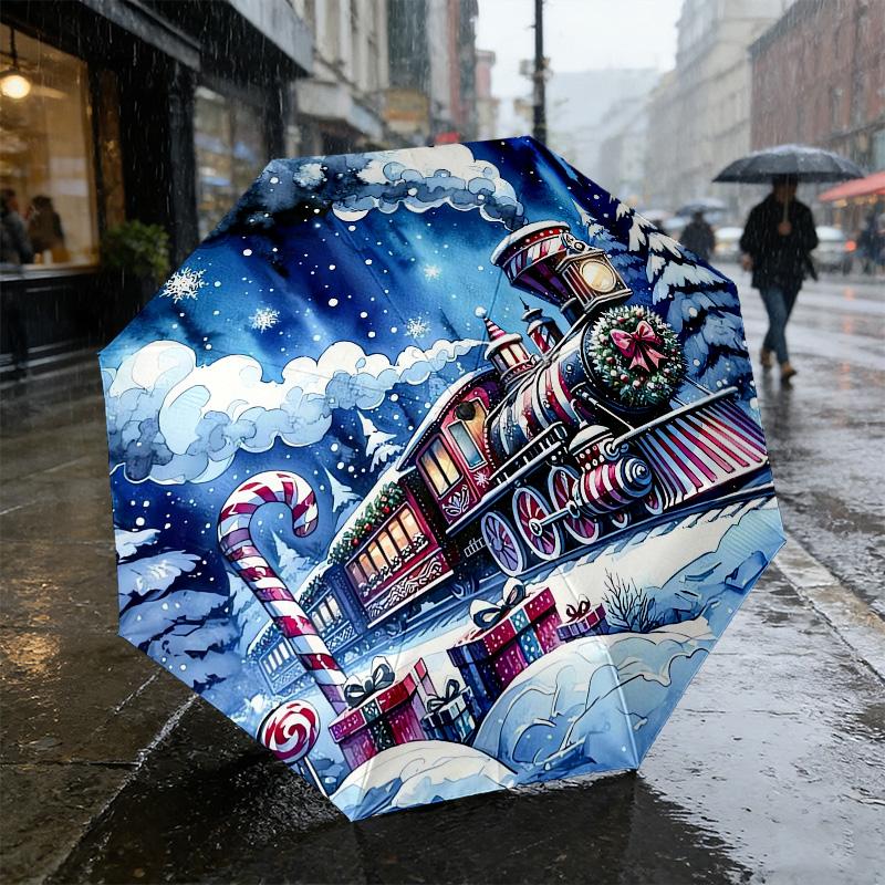 Christmas Train 8 Ribs 3Fold Black Glue Uv Protection Umbrella Sun Protection Rainproof Compact Folding Umbrella For Travel Daily Use C9241415