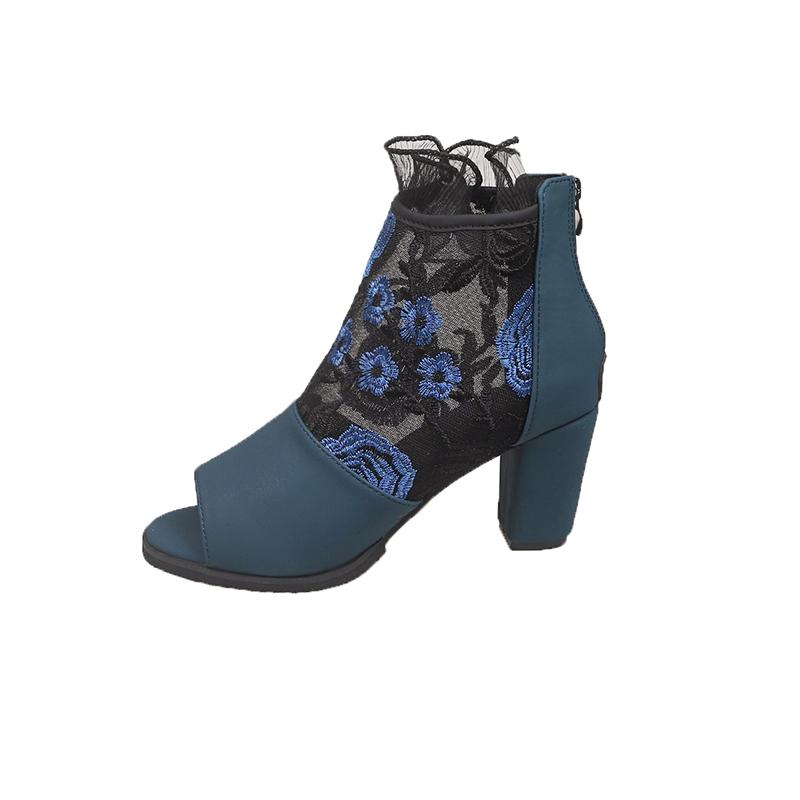 Fashion Stitched Embroidery Mesh High Heels Summer New Round Head Open Toe Back Zipper Anti-slip Wear-resistant Thick Heels