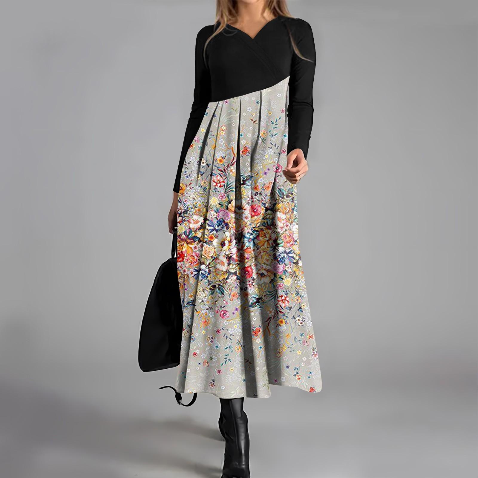 

Женское повседневное платье с V-образным вырезом и длинными рукавами, свободное и объемное платье с принтом L светло-серый