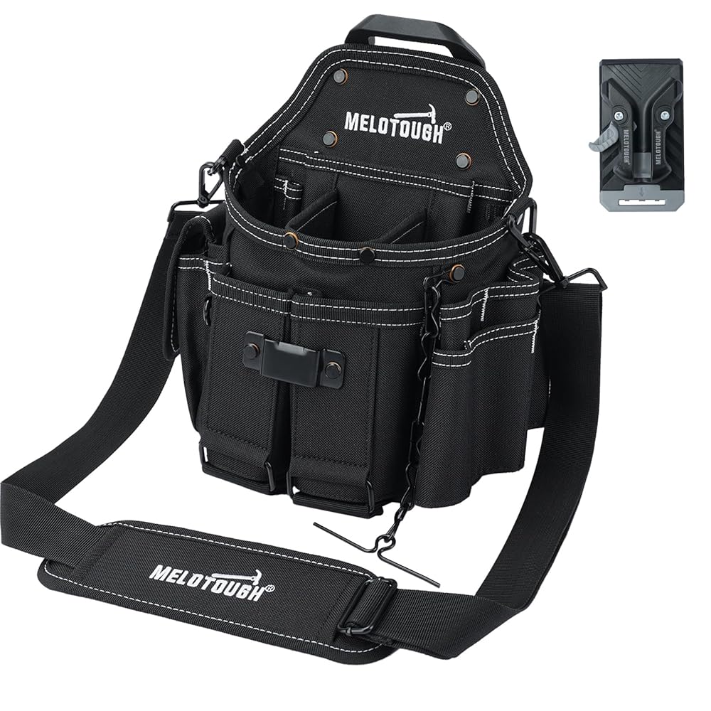 Electrician Tool Pouch Bag with Shoulder Strap,15 Pockets Tool Bag with Belt Clip,Professional Quick Release Tool Organizer MQC01-Black