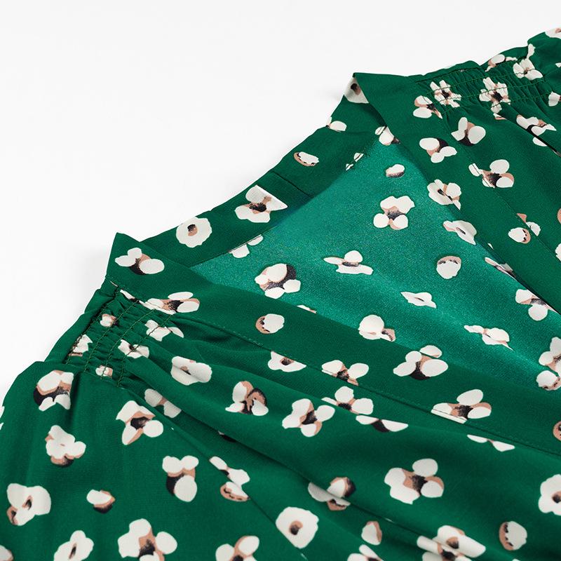 2024 Winter Women's European & American V-Neck Waist-Gathering Short-Sleeve Printed Dress