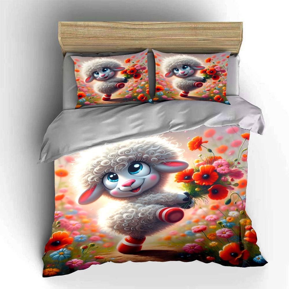 Multiple sizes Cute lamb with flowers Print Bedding Set 1 Duvet Cover 2 Pillowcases for Adult and Children Luxury Gift Full Size