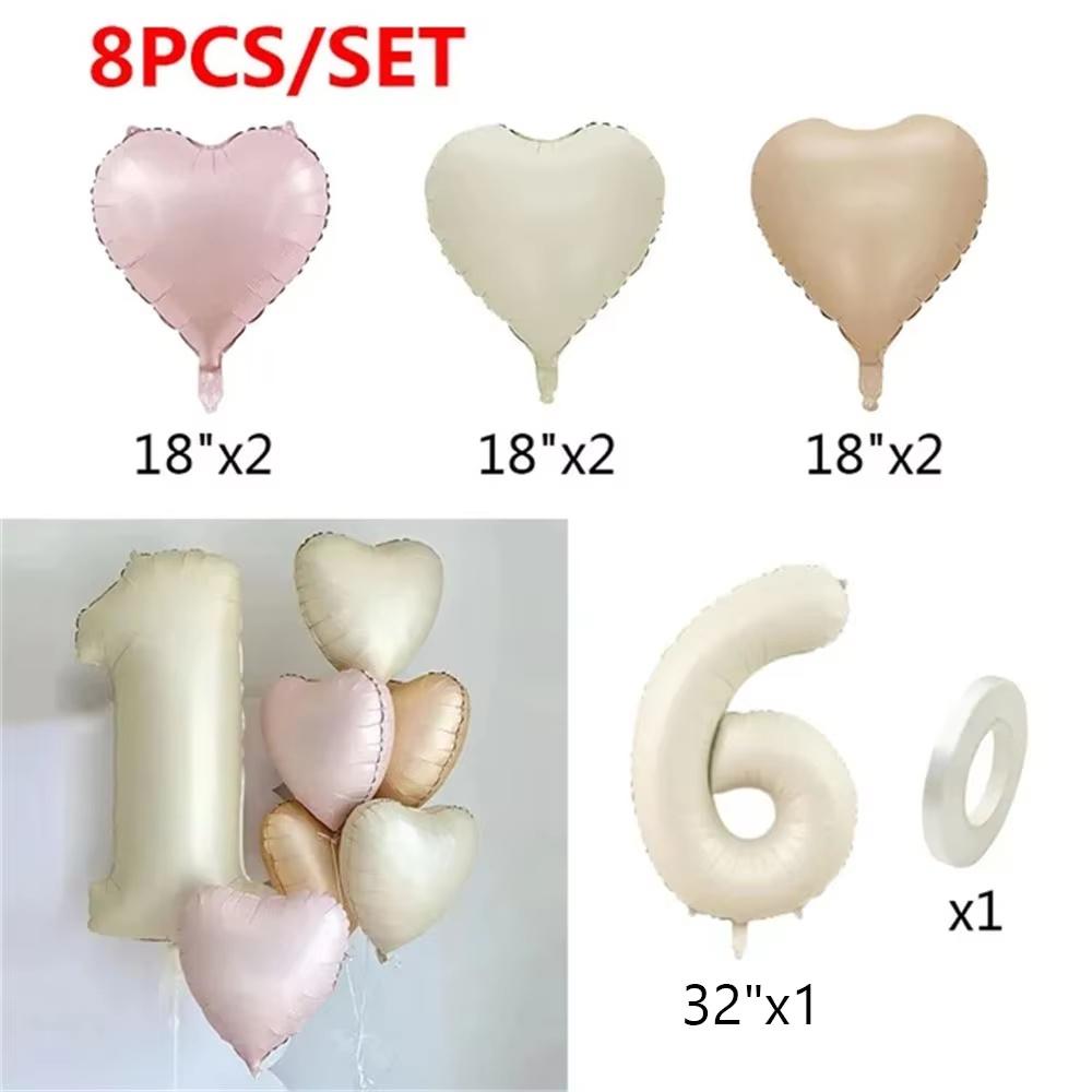 8pcs Cream Color Number Heart Foil Balloons Happy Birthday Party Decorations Kids Girl Boy 1 2 3 4 5 6 7 8 9 Year Old Supplies