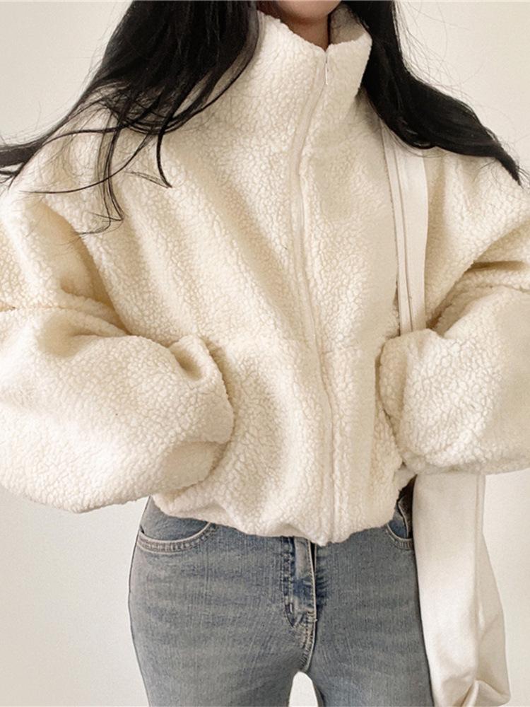 Dámská bunda z jehněčí vlny se stojáčkem a fleecovou podšívkou - Volný střih, Silná, Zapínací svetr na podzim/zimu 2025