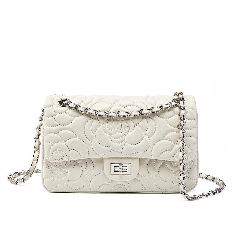 New leather small square bag camellia pattern first layer sheepskin texture chain crossbody women's bag