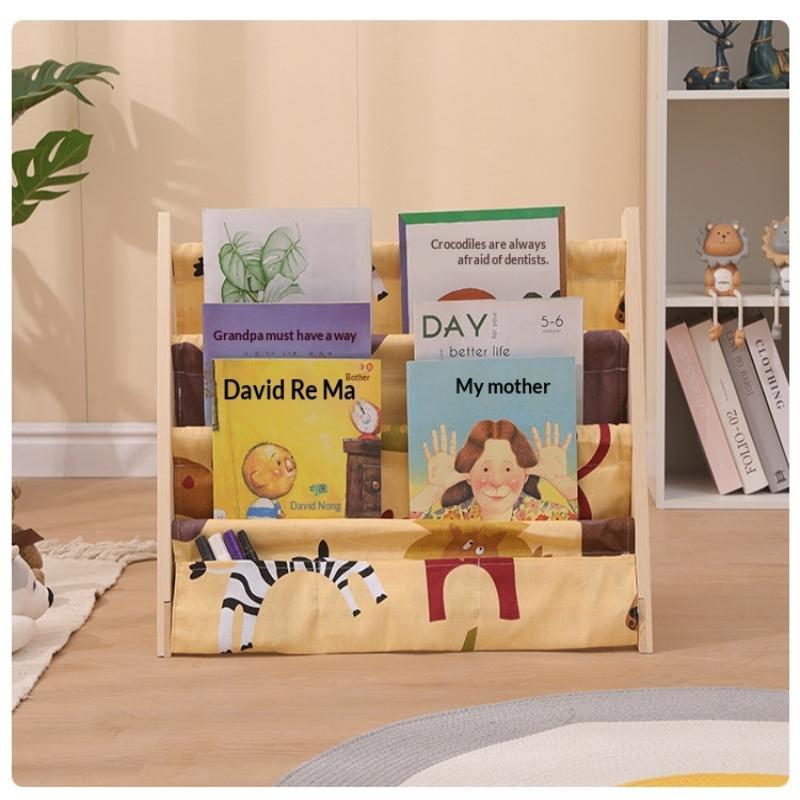 Solid Wood Kids Sling Bookshelf With Canvas Pockets And Large Capacity Perfect For Nursery Playroom Bedroom