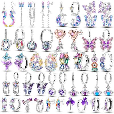925 Silver Purple Feather Butterfly Dream Catcher Earrings for Women Luxury Firefly Zircon Jewelry Wedding Gift