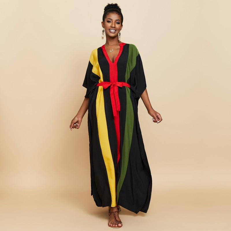 

EDOLYNSA Длинный кафтан, повседневное полосатое пляжное платье с v-образным вырезом и поясом, летняя одежда, женская пляжная одежда, купальный костюм, накидка Q1502 One Size чёрный