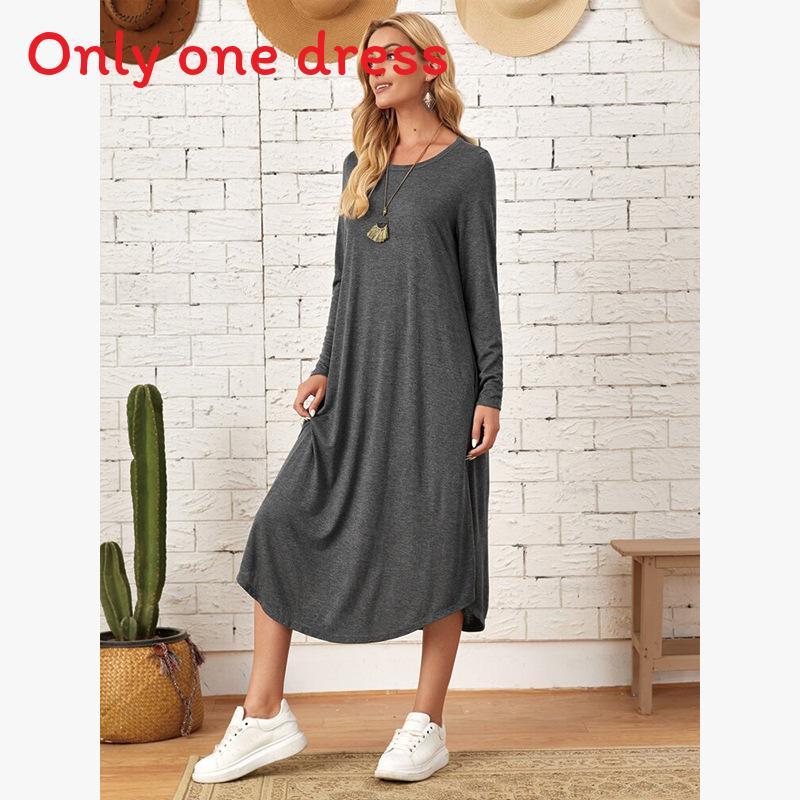 Cotton Long Sleeve A Line Dress With Round Neck For Casual Fall Wear