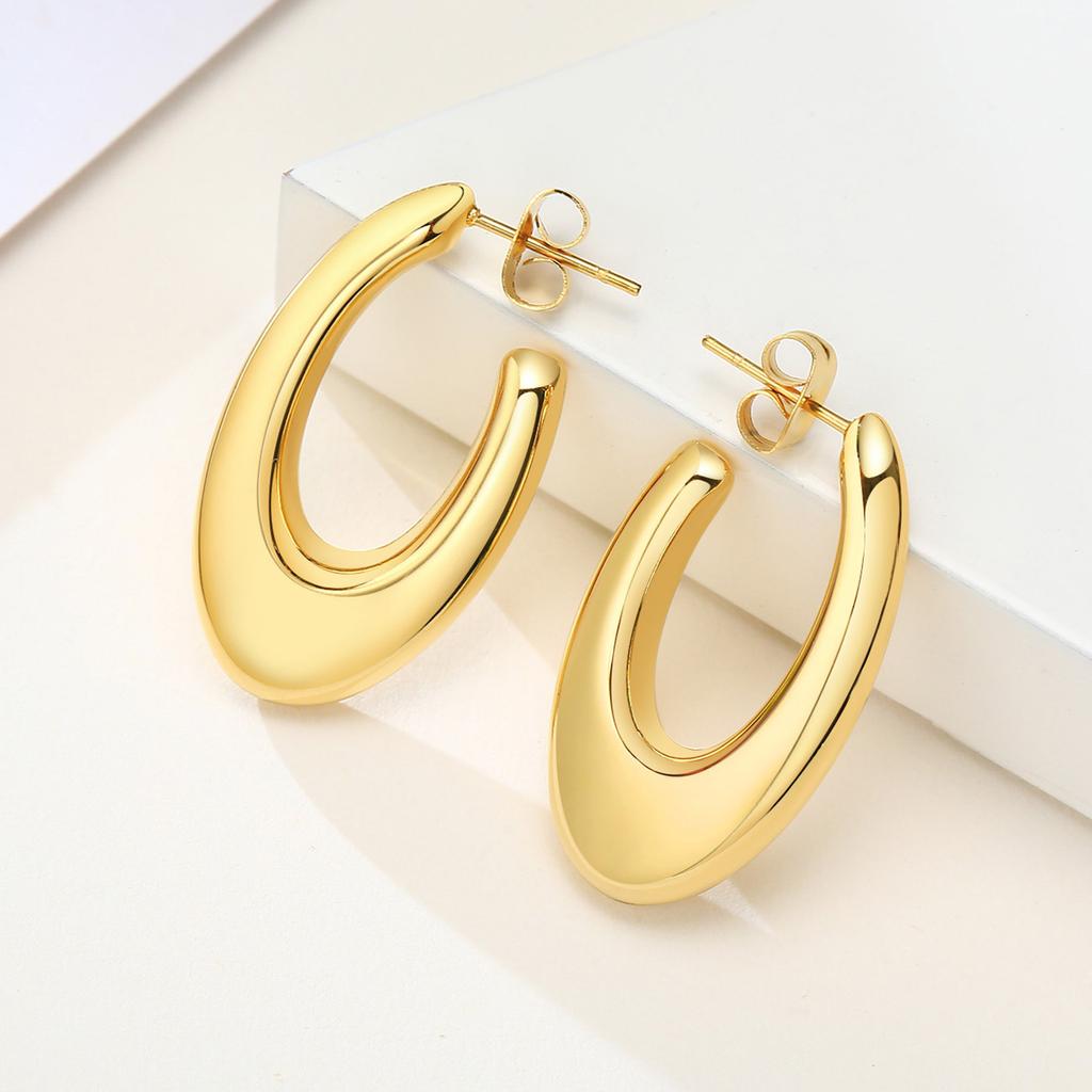 Vnox Women Chic Geometric Hoop Earrings,Gold Color Stainless Steel Big Round Ear Clip Jewelry,Anti Allergy Metal Party Accessory