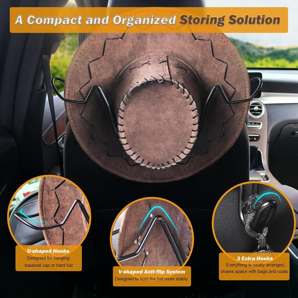 Idefair Cowboy Hat Holder Rack For Truck Car SUV Hard Hats Stand Western Accessories For Men Women Travel Automotive Seat Back Storage Organizer