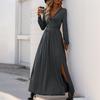 European & American Style Pleated Long Dress with Lace Slit for Spring