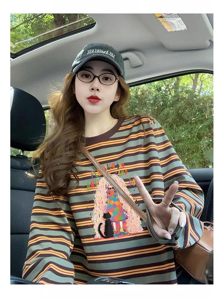 Korean Style Color Block Striped Long Sleeve T-Shirt - Spring & Autumn Trendy Graffiti Loose Fit for Women
