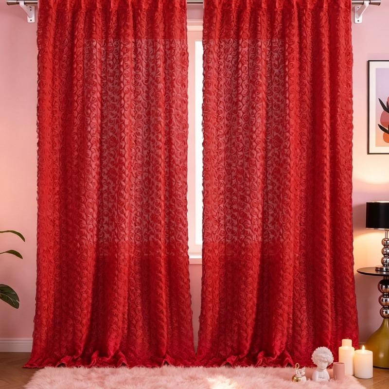 

3D Rose Embossed Sheer Window Curtain, Rod Pocket Semi Sheer Voile Drapes Floral Curtains For Home Bedroom Window Decoration 1pcs-140cmx100cm&Rod Pocket красный