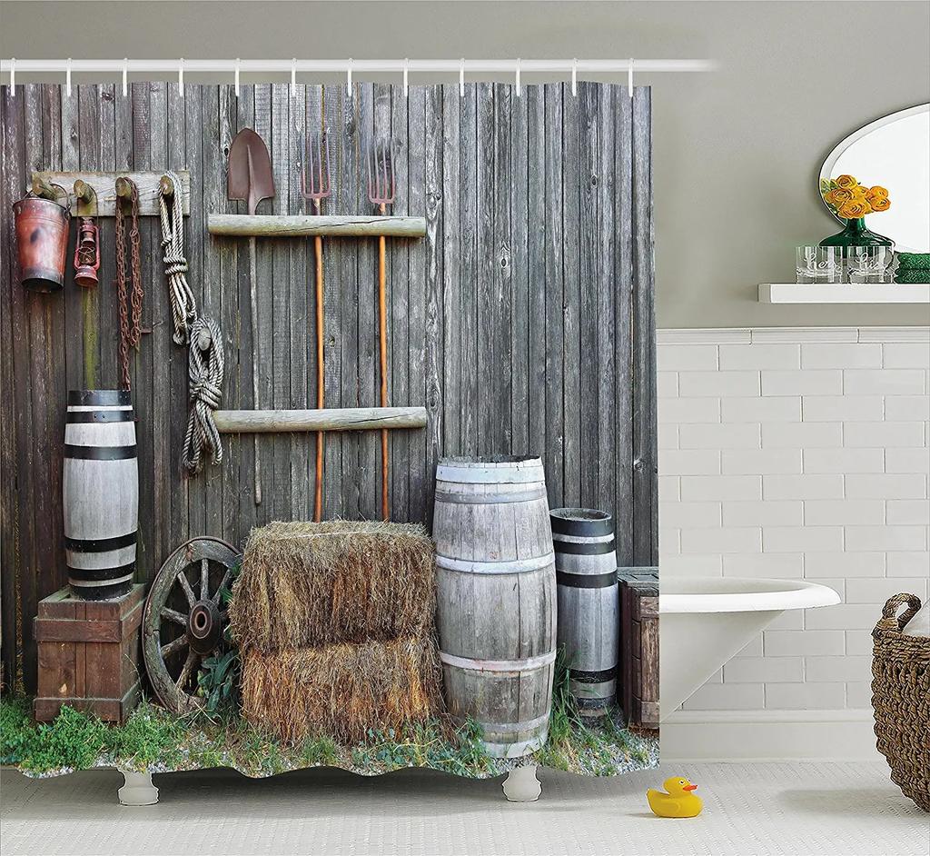 Wood Door Cow Shower Curtain Farm Animal Barn Door Wooden Wheel Pumpkin Sunflower Retro Bath Curtain Bathroom Accessories Set