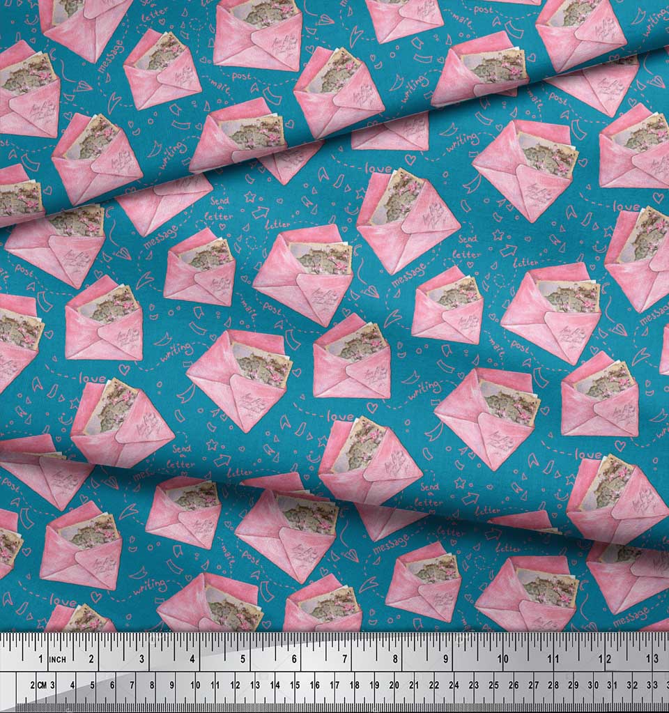 Soimoi Blue Japan Crepe Satin Fabric Text & Envelope Kids Decor Fabric Printed Metre 42 Inch