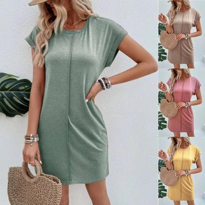 Women's Midi Dress, Solid Color, Round Neck, Casual Dress, Elegant
