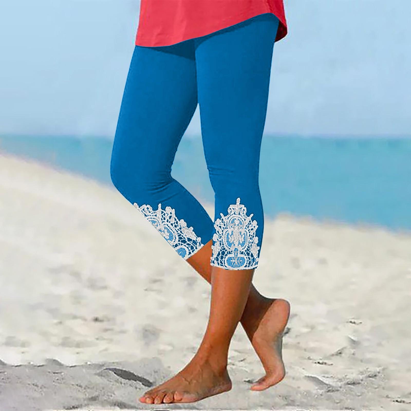 

Брюки для женщин, эластичные кружевные леггинсы длиной 3/4, повседневные спортивные штаны для бега, тренировки, йоги XXXL светло-синий