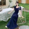 Plus Size Elegant French Style High Waist Bowknot Dress - Short Sleeve, Solid Color, Skin-Brightening, Slimming, Long Length
