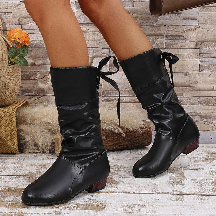 Damen Herbst/Winter Mid-Calf Stiefel mit niedrigem Absatz, Übergröße, Runde Zehenpartie, Schnürung hinten, Warmer Ritterstil