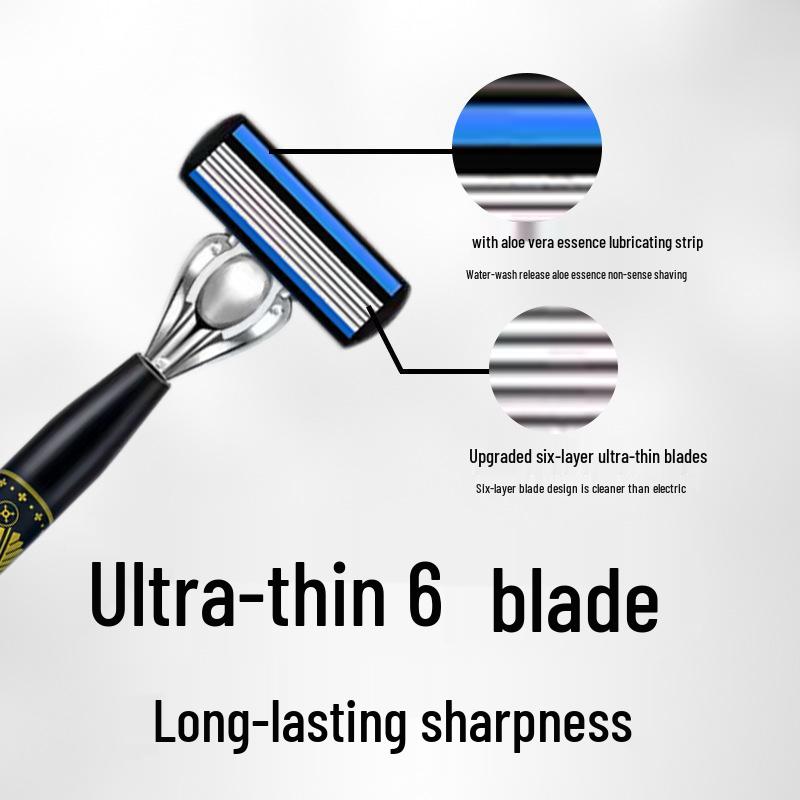 Men's 6-Blade Manual Razor with Universal Stainless Steel, Six-Layer Anti-Scratch Blade Holder