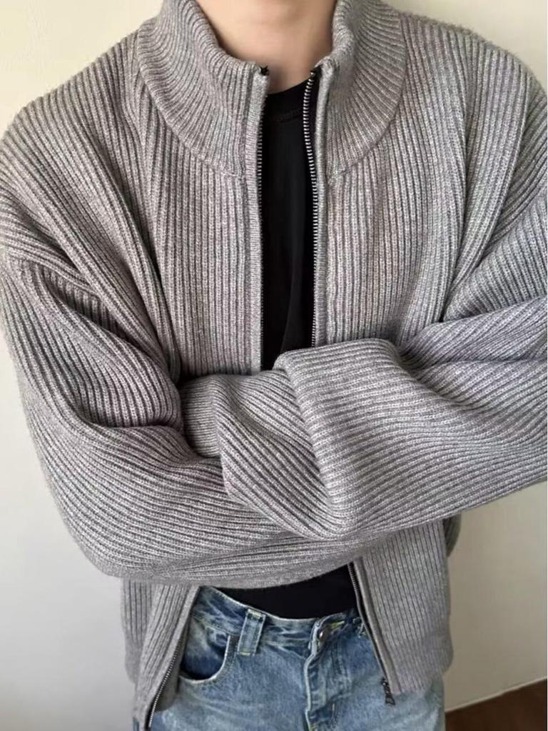 Men's Korean Knit Cardigan Jacket - Autumn/Winter Trend, Solid Stand Collar Sweater, High-End Feel, Lazy Style.