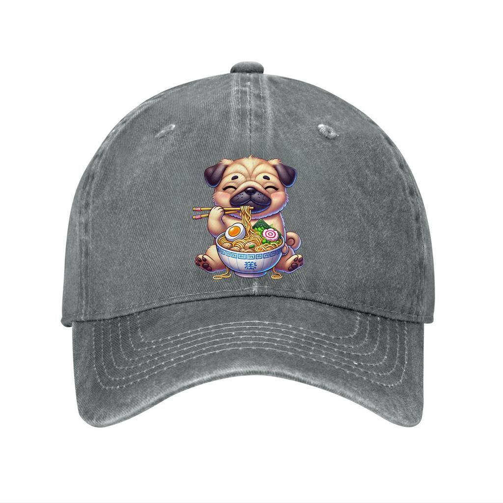 Cute Pug Eating Ramen Print Cotton Baseball Cap Funny Animal Lovers Adjustable Dad Hat Casual
