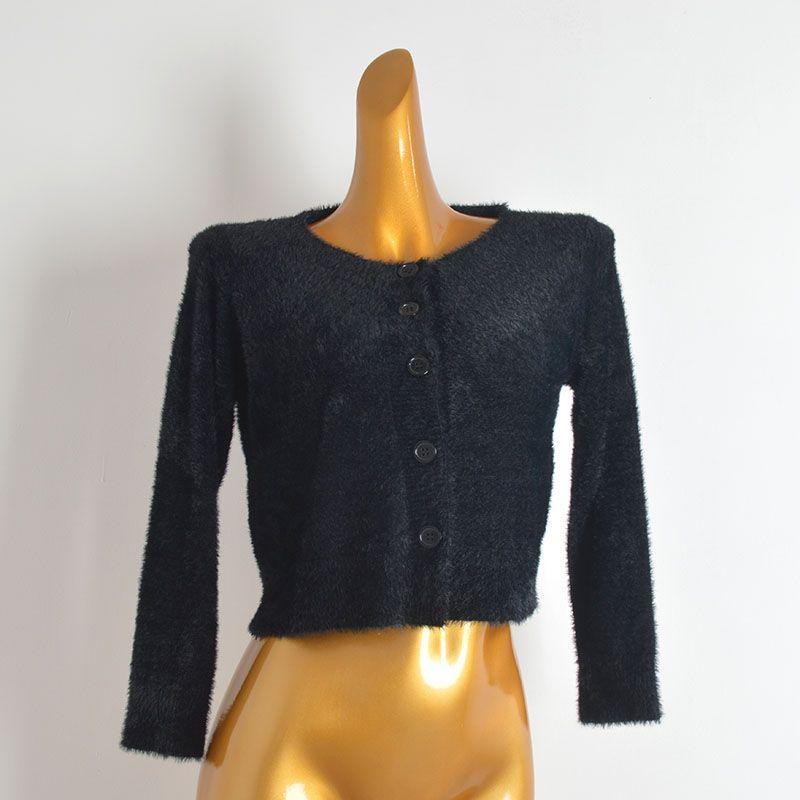 French Simplicity Pure Color Imitation Mink Round Neck Single Breasted Knitting Cardigan Women's Clothes Fall Slim Fit Short Long Sleeve Top