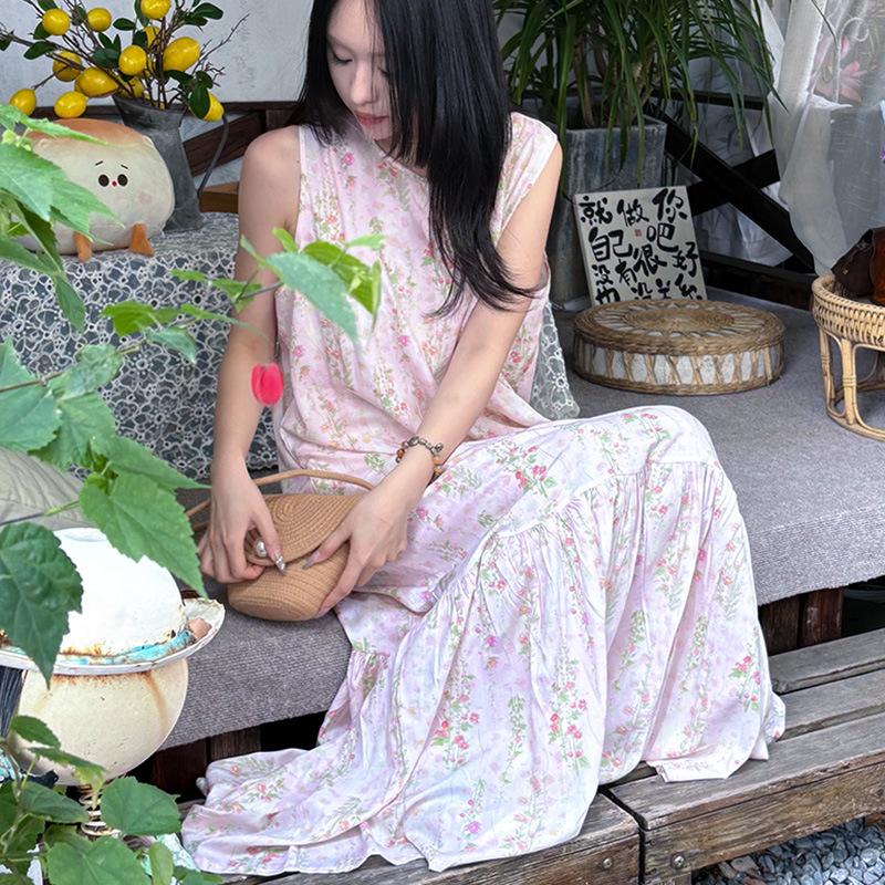 Robe de nuit sans manches en coton et soie pour femme, été, idyllique, ample, grande taille, peut être portée dehors, jupe fishtail en coton artificiel à fleurs