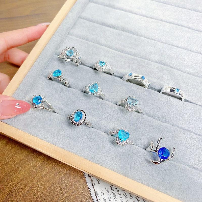 Light Luxury High-End Sea Blue Love Color Treasure Full Of Diamonds Zir*****Pen Ring Niche Exquisite Ring Woman