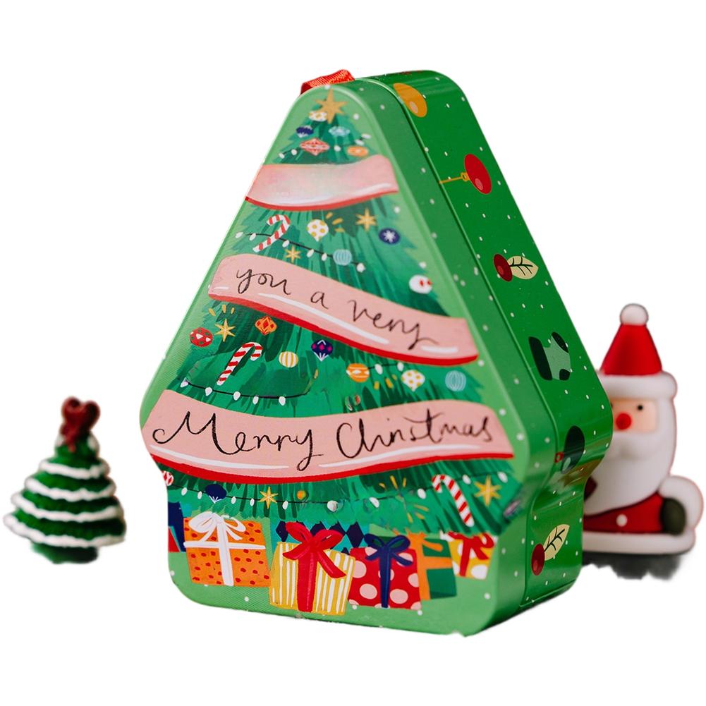 Tinplate Present Box with Handle and Polygon Design Featuring Festive Cartoon Print for Christmas Storage and Decor Use