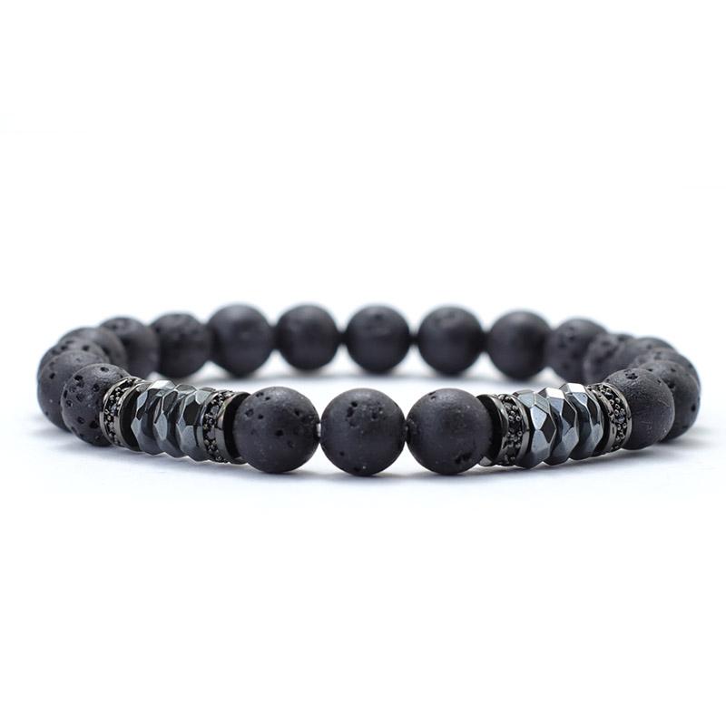 Novel 2 Pieces Men Bracelet Set 6mm 8mm Tiger Eyes Volcanic Rock Stone Beaded Braclet Luxury Zirconia Braslet Pulseria Hombre
