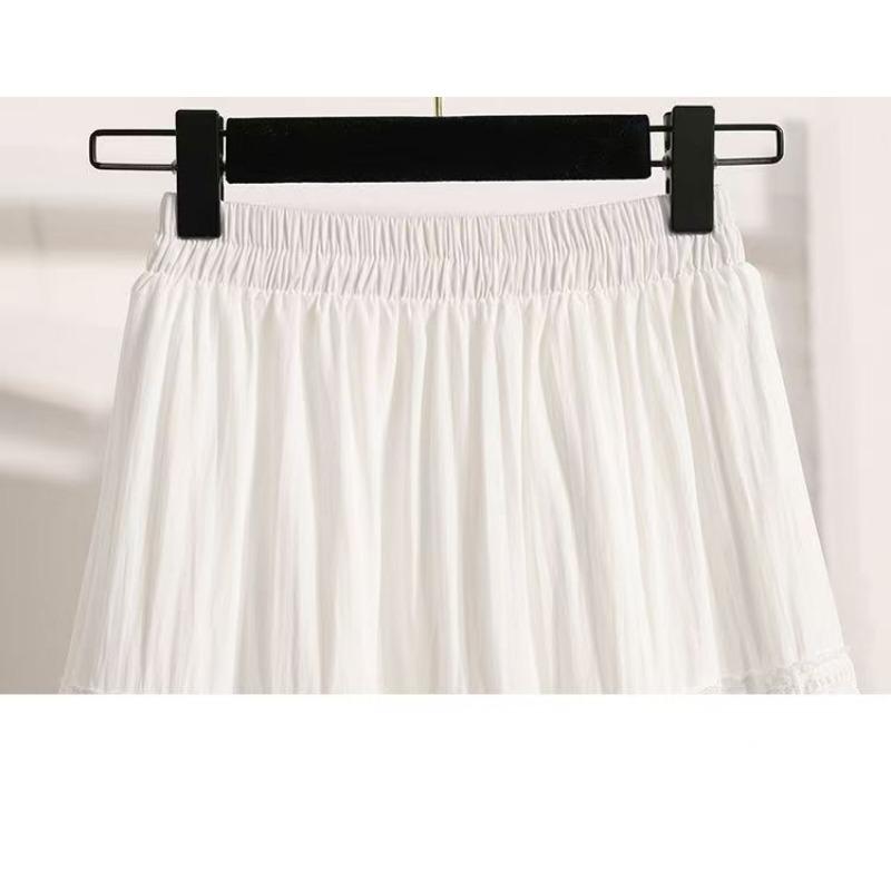 Women White Lace Tiered Midi Skirt Elastic Waist Flowy A Line Skirt With Lining