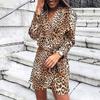 Women  Slim  Long Sleeve Leopard Printing V-Neck Bandage Irregular Dress