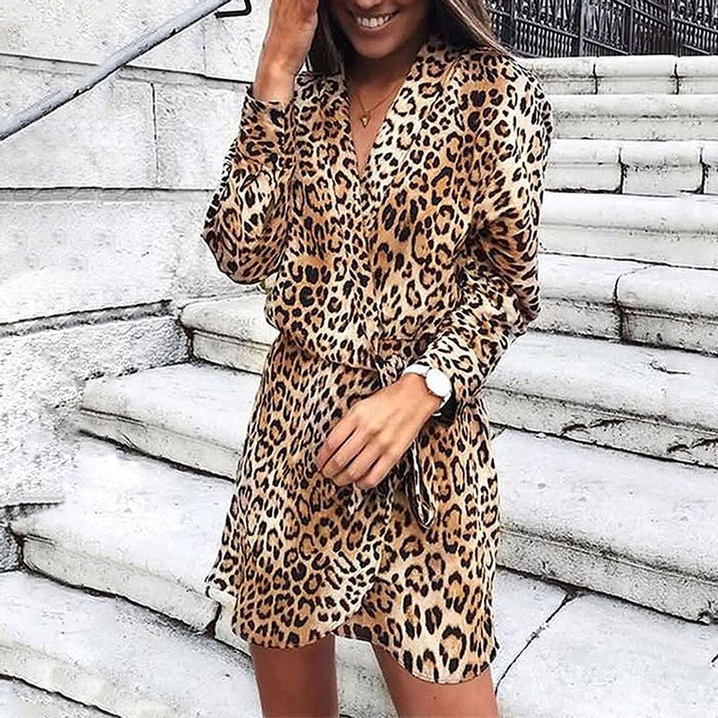 Women Slim Long Sleeve Leopard Printing V-Neck Bandage Irregular Dress