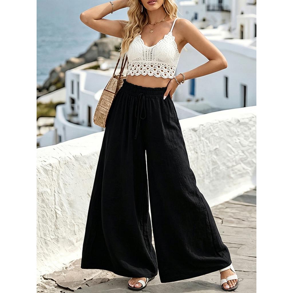 Women Loose Wide Leg Pants Elastic Waist Drawstring Trousers Casual Vacation Straight Leg Palazzo Pants