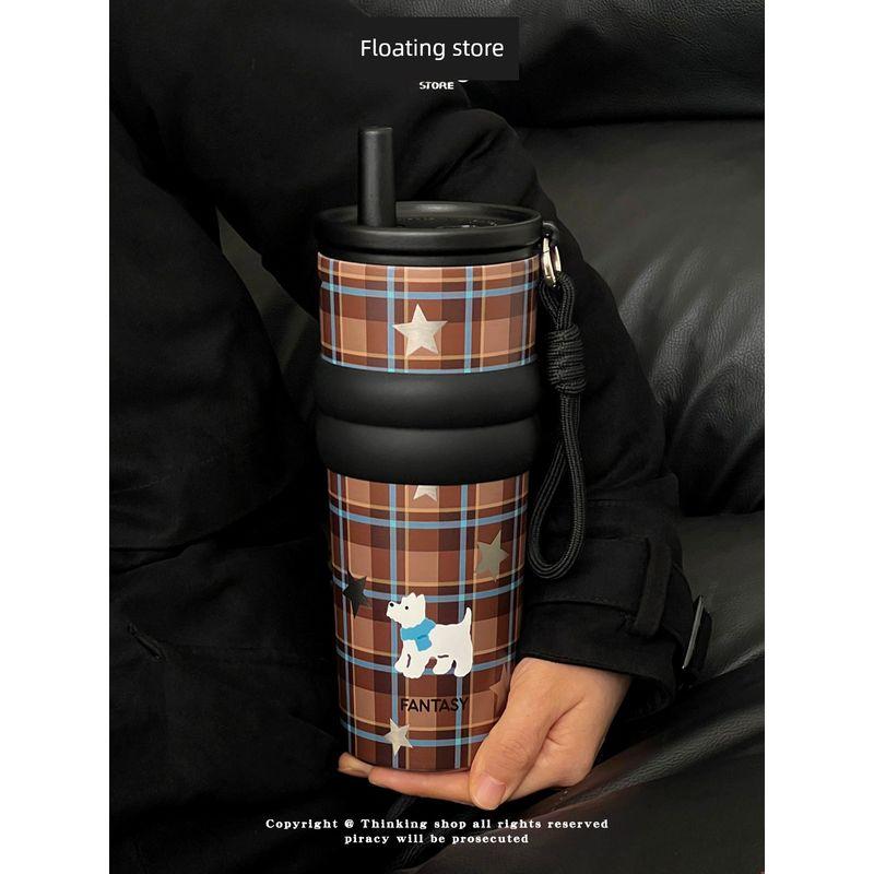 

Fantasy Straw Cup, Large-Capacity Thermos Cup, Ceramic Inner Cup, High-Looking Coffee Cup for Girls, Portable Water Cup for Men, New Style Retro Plaid Star 700ml Ceramic Coated Liner